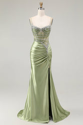 Grünes Meerjungfrauen Korsett Gerafftes Satin Ballkleid mit Schlitz